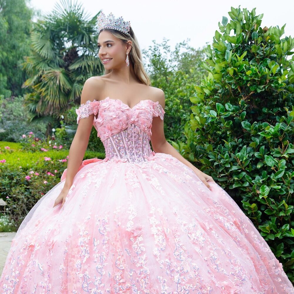 New Off Shoulder Floral Quinceanera Gown w/ Back Ribbon & Lace Up Back GL3526